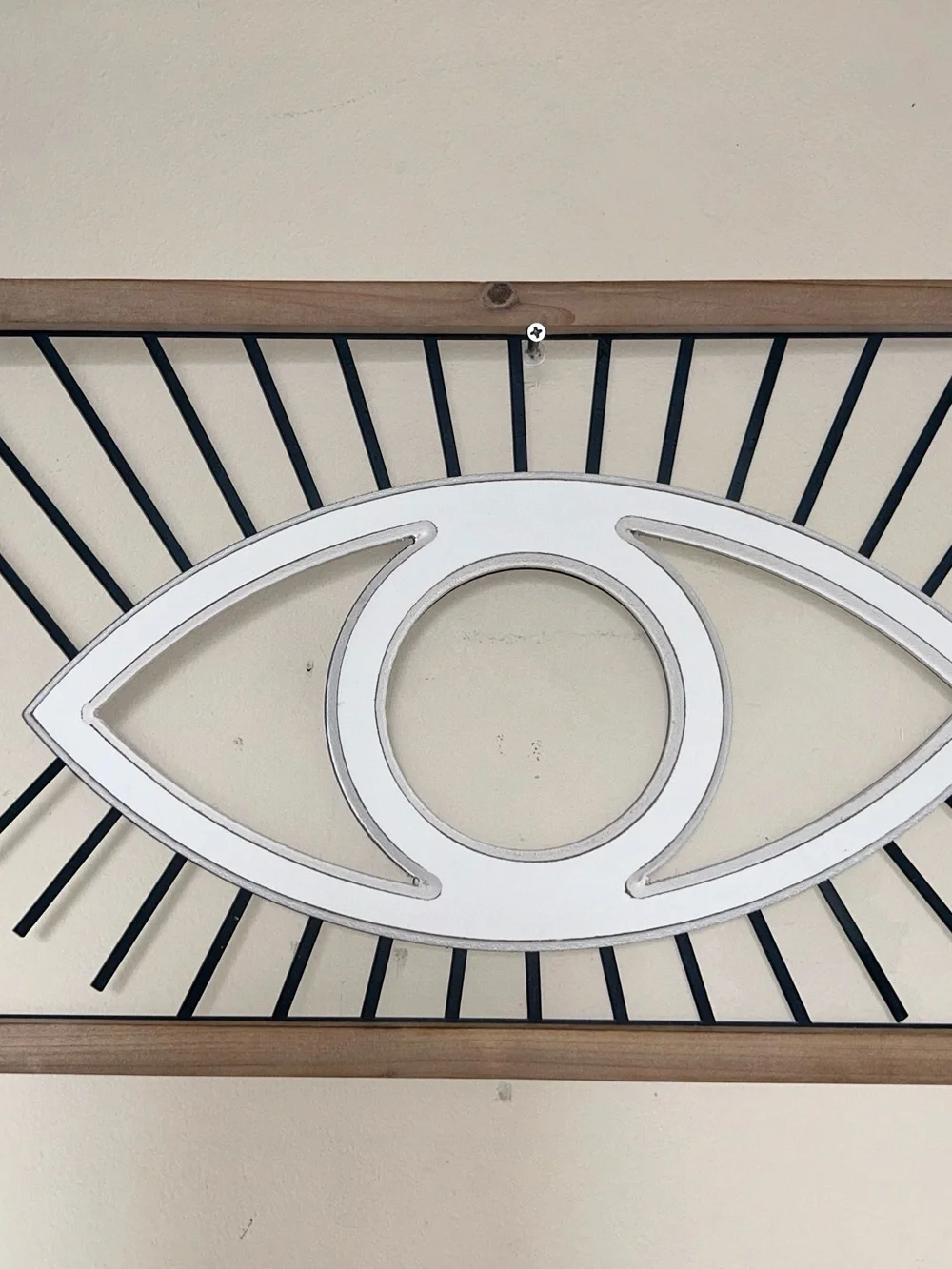 Custom made White Eye Wall Decor with Black Accents and Natural Wood Frame